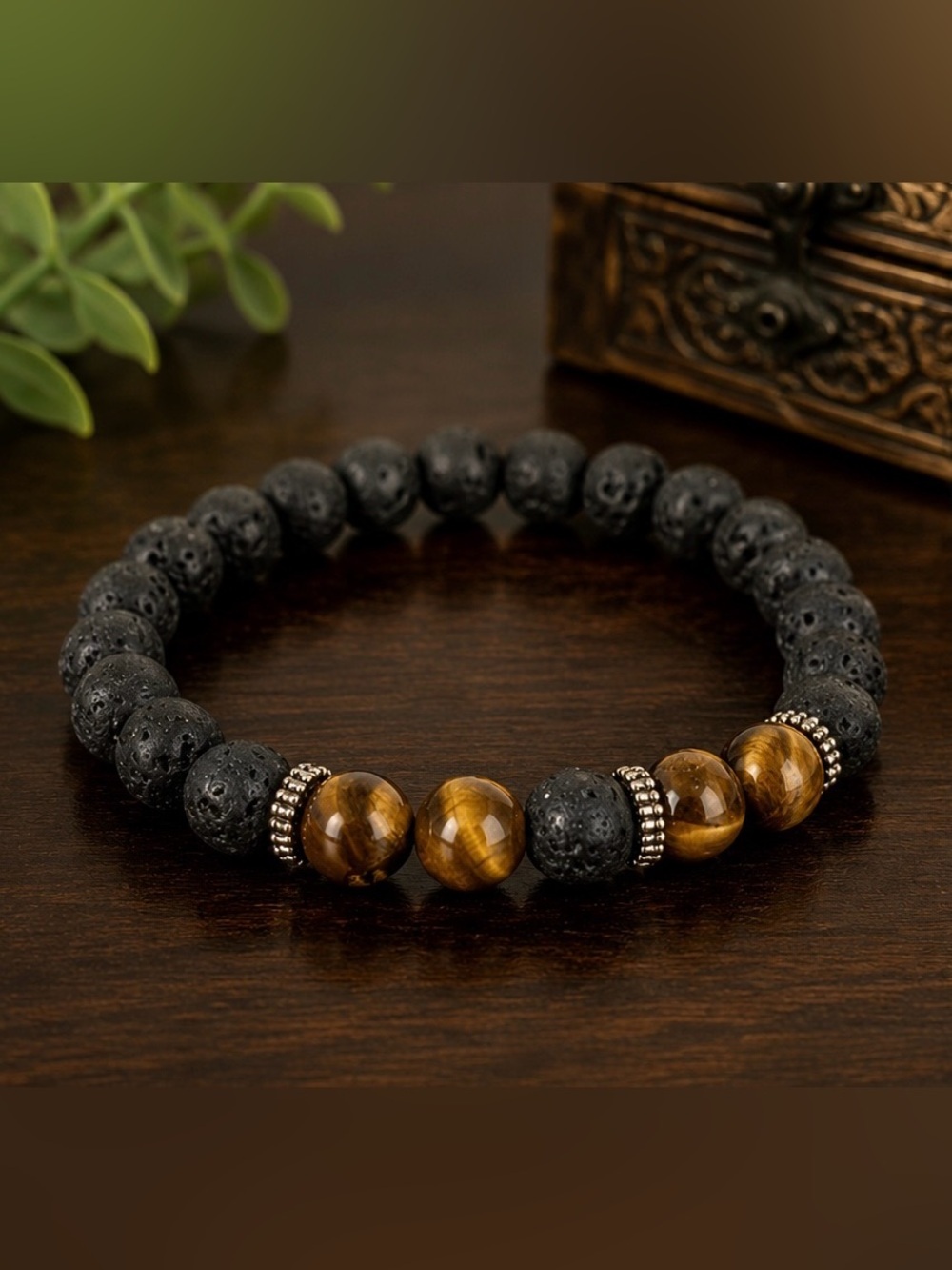 Tiger Eye & Lava Stone Stretch Bracelet Unisex Healing Beaded Jewelry